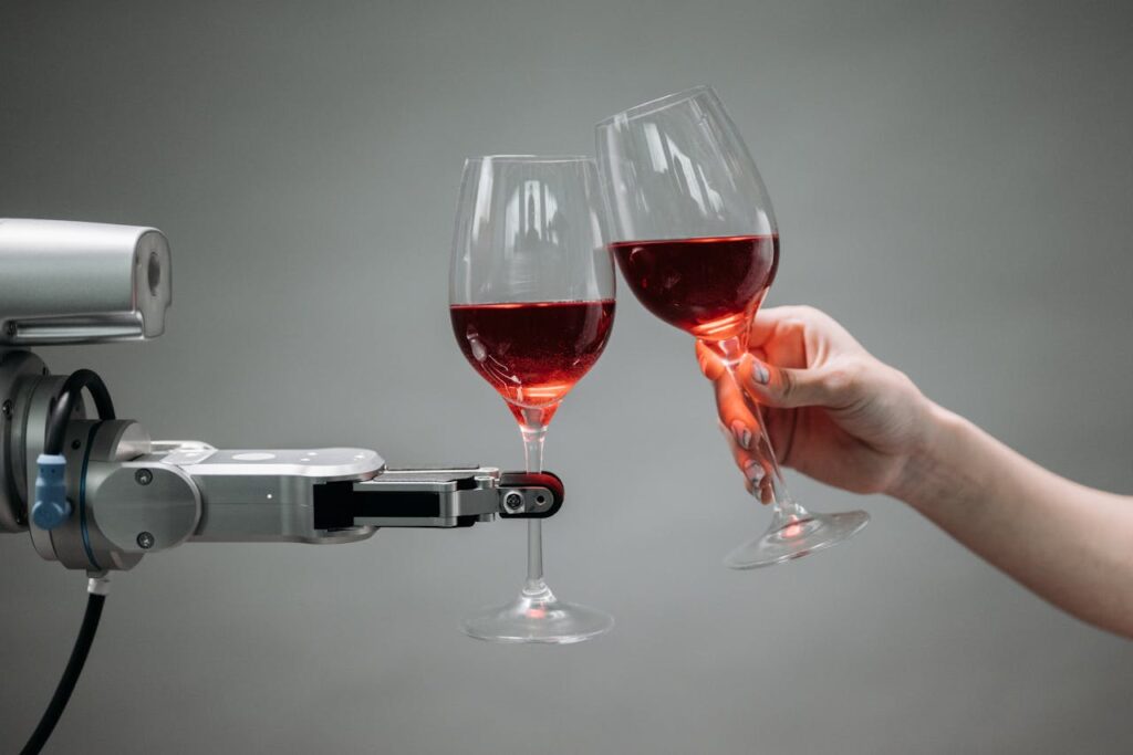pexels-photo-8439094 A robot and a human hand clinking glasses of red wine, symbolizing technology and celebration.